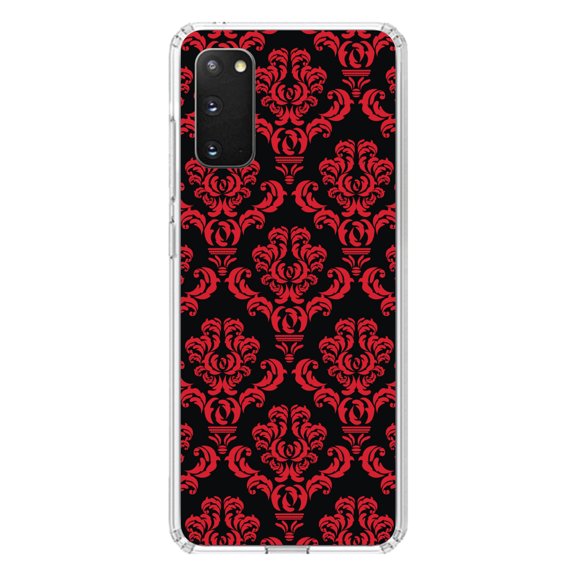 DistinctInk Clear Shockproof Hybrid Case for Galaxy S20 ULTRA / 5G (6.9" Screen) - TPU Bumper, Acrylic Back, Tempered Glass Screen Protector - Black Red Damask Pattern - Floral Damask Pattern