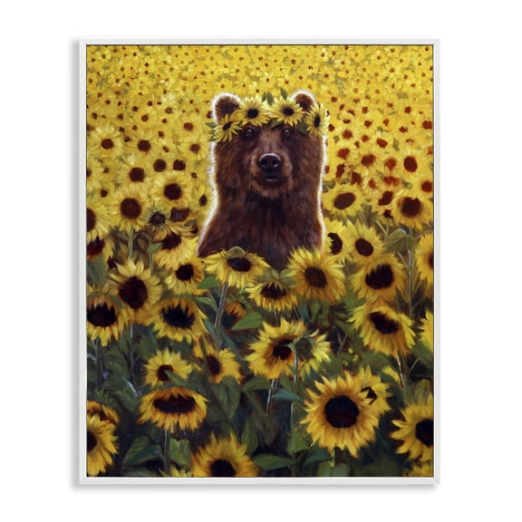 Stupell Industries Contemporary Happy Bear Sunflower Field White Framed Giclee Art, 11 x 14, by Lucia Heffernan