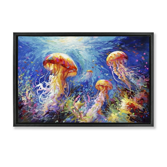 Stupell Industries Jellyfish Serenade Underwater Animals & Insects Painting Black Floater Framed Canvas Art Print Wall Art, 25 x 17