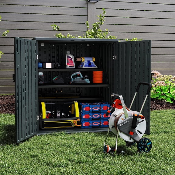 ZYJOYY Resin Outdoor Storage Cabinet, 15 Cu Ft Horizontal Storage Shed with Floor & 2 Shelves, Lockable Waterproof Patio Garden Storage Box,Sage Grey