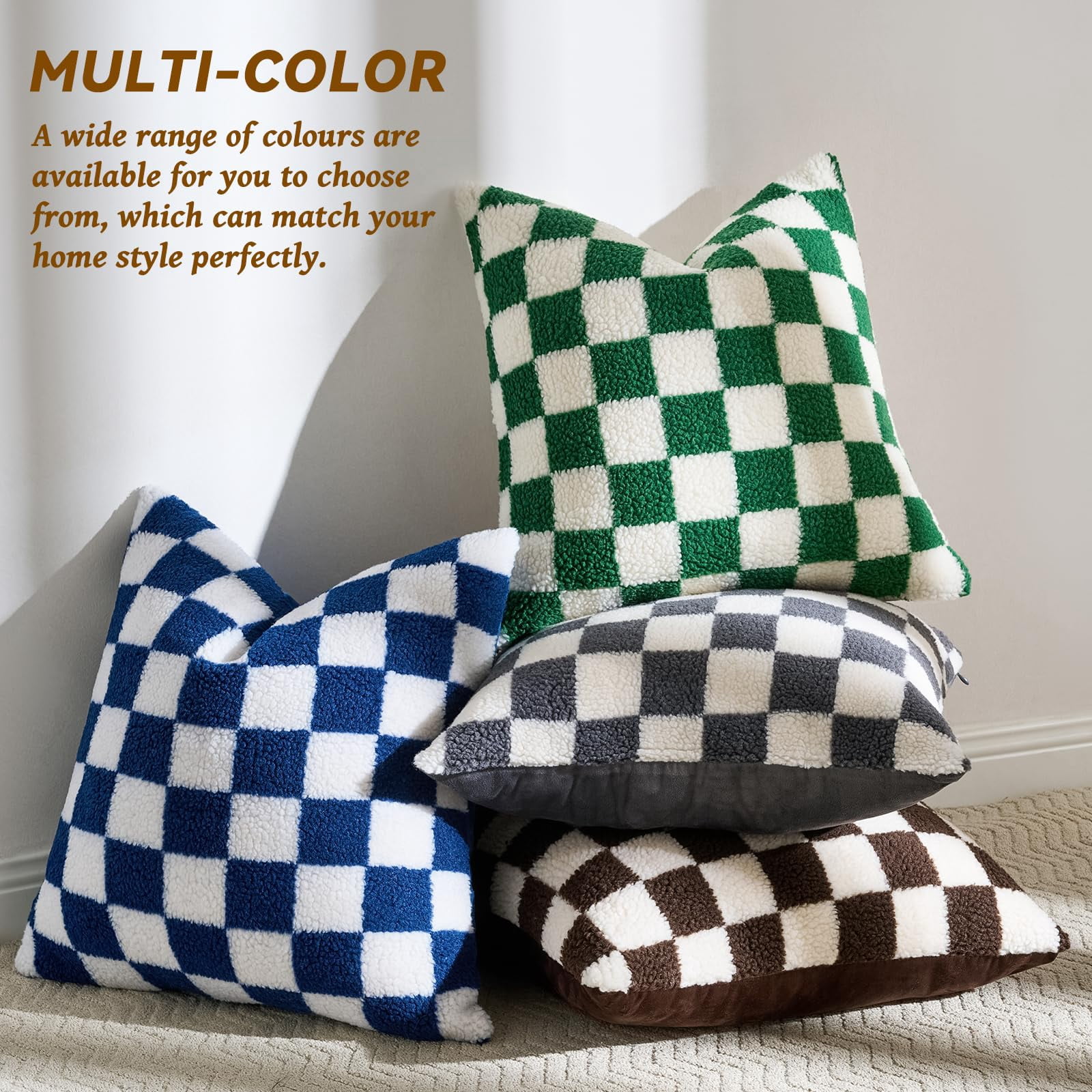 Lanola Pack of 2 Decorative Throw Pillow Covers Checkerboard Luxury Super Soft Faux Fur Wool Set Case Cushion for Couch Sofa Bedroom 18 x 18-Inch Camel