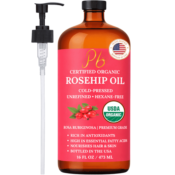 Cold-Pressed Unrefined Rosehip Seed Oil – 16 fl oz Bulk Size Glass Bottle with Pump – Rosehip Oil for Face, Skin & Hair Care