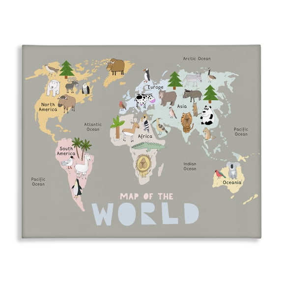 Kid's Map Of World Grey Canvas Wall Art, design by Carla Daly