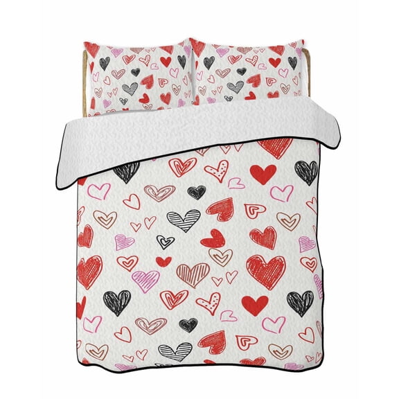 Quilt King Size Bedding Set, Valentine's Day Love Heart Reversible Summer Quilt 3 Pieces, Pink Red Black Romantic Lightweight Bedspreads Coverlets with 2 Pillow Shams for All Seasons
