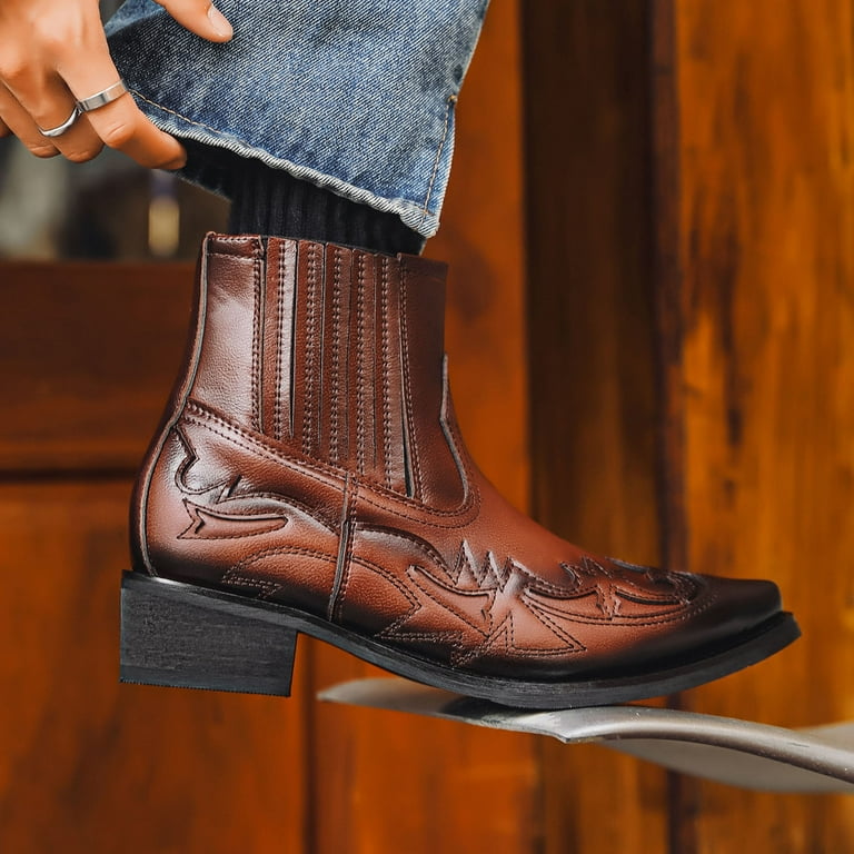 Mepaouo Men's Leather Cowboy Boots Western Motorcycle Riding Ankle Booties Pointy Toe Dress Work Oxfords, Size: 10.5, Brown