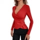 thumbnail image 3 of Camiseta de Larga Ajustada con Escote en V Profundo y Fruncido para Mujer Rojo XXL, 3 of 5