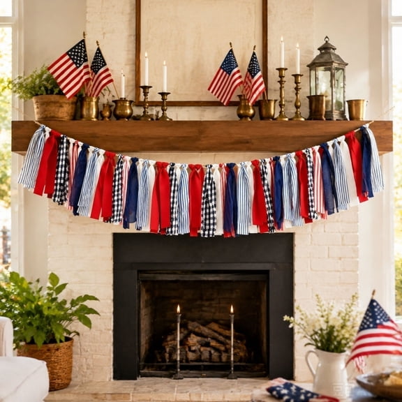 59.06in Patriotic Fabric Ribbon Garland, Red White Blue Independence Day Banner, Stitched Polyester-Spandex Hanging Decor for Porch Yard Indoor Holiday Party Layouts
