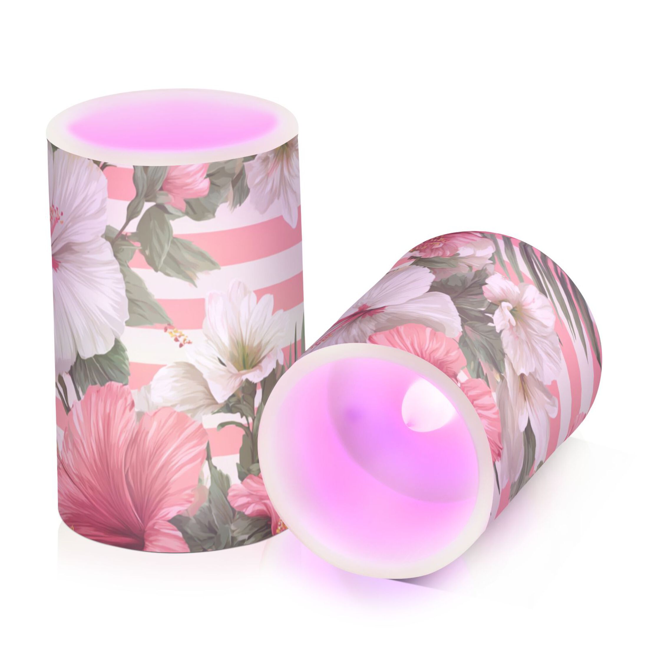 Pink Stripes Hawaiian Flowers Flickering Flameless Candles LED Tealight Battery Operated with Remote Set of 2 Holiday Decor Ornaments