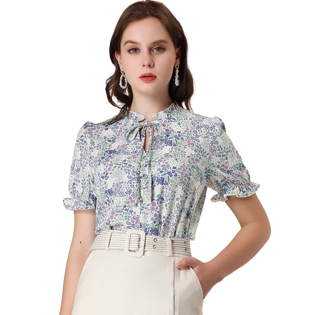 INSPIRE CHIC Blusa De Trabajo Manga Corta Estampado Floral Cuello Con Volantes Camisa Para Mujer Blanco L