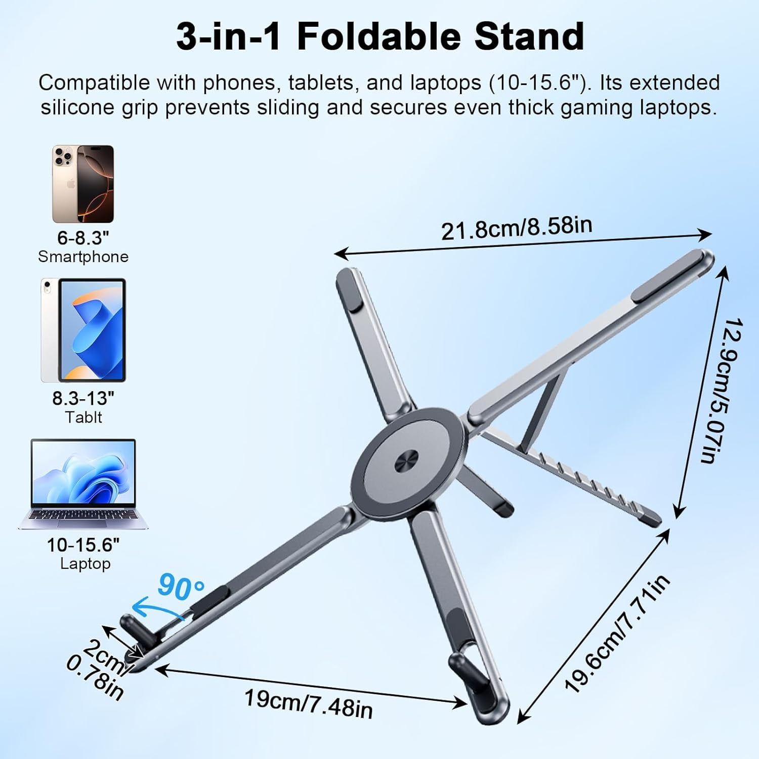 Foldable Laptop Stand for Desk, 3 in 1 Portable Holder for Laptop, Tablet & Phone with Magnetic Mount, Aluminum Alloy Holder with 8 Height Adjustment for 10–16" Laptops and 4–13" Phones/Tablets