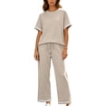 thumbnail image 2 of Mifsaly Comfy Lounge Sets for Women Casual Short Sleeve Crewneck T-Shirt and High Waisted Wide Leg Sweatpants Outdoor Travel Vacation Loungewear Beige,L, 2 of 7