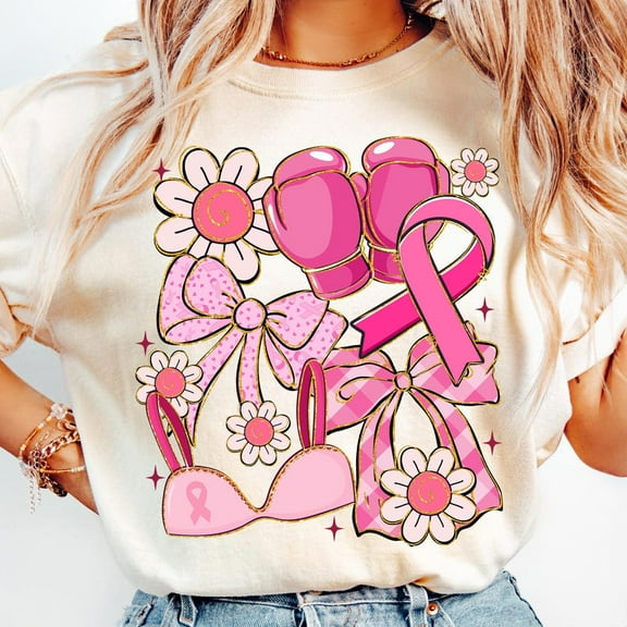 Coquette Breast Cancer Awareness T-Shirt, “In October We Wear Pink” Tee, Girly Pink Bow Shirt, Inspirational October Support Graphic