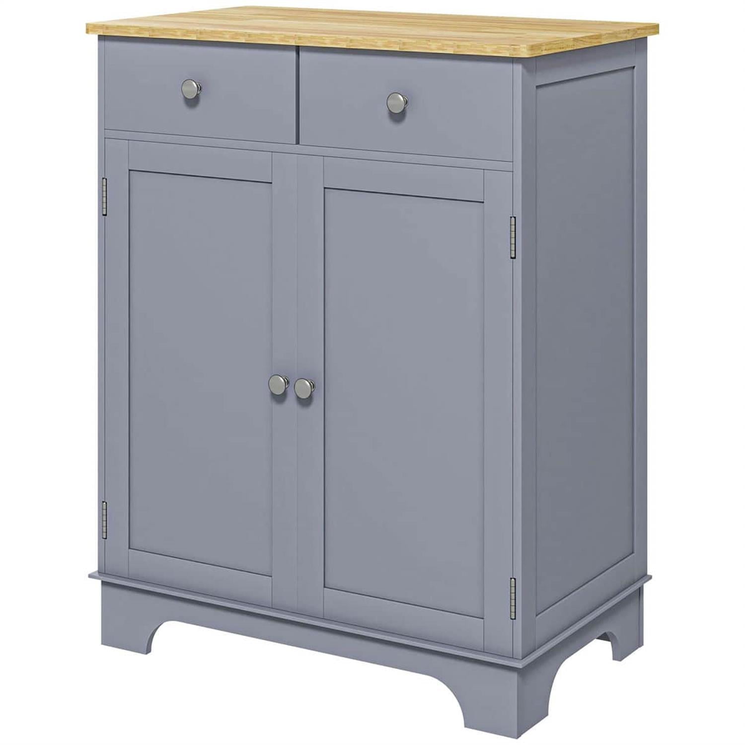 Demi Bonn 33" Kitchen Storage Cabinet Solid Wood Top Sideboard Floor Cupboard, Adjustable Shelf & 2 Drawers for Home Organization, Gray