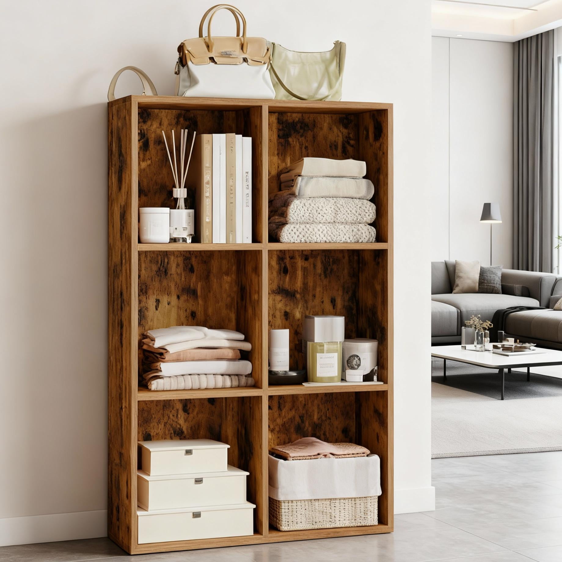 LEDREM 6-Compartment Cube Bookshelf with Open Storage, Multifunctional Bookcase and Display Shelf for Living Room Home Office Dining Room, Rustic Brown