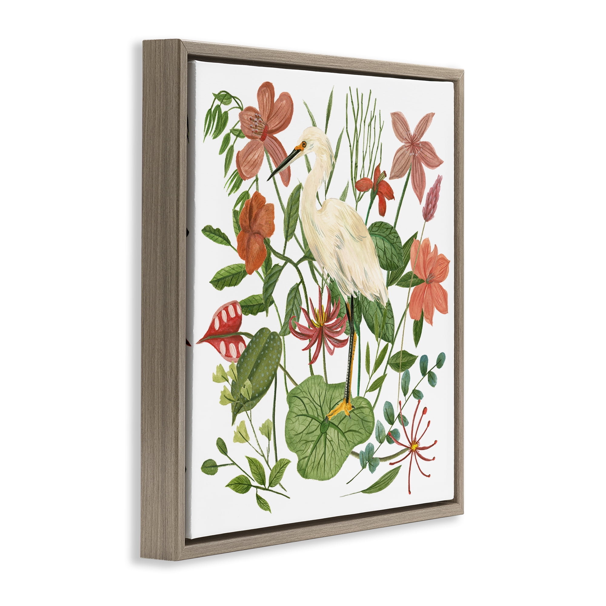 Stupell Industries Heron with Wild Florals Landscape Painting Brown Floater Framed Canvas Art Print Wall Art, 25 x 25