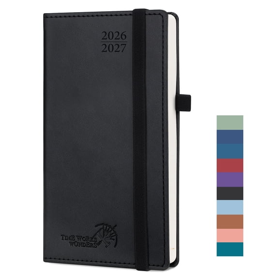 POPRUN Pocket Planner 2026-2027, 3.5" x 6.5", (Aug 26-Dec 27) Academic Pocket Calendar for Purse with Storage Pocket, Vegan Leather Hardcover - Black
