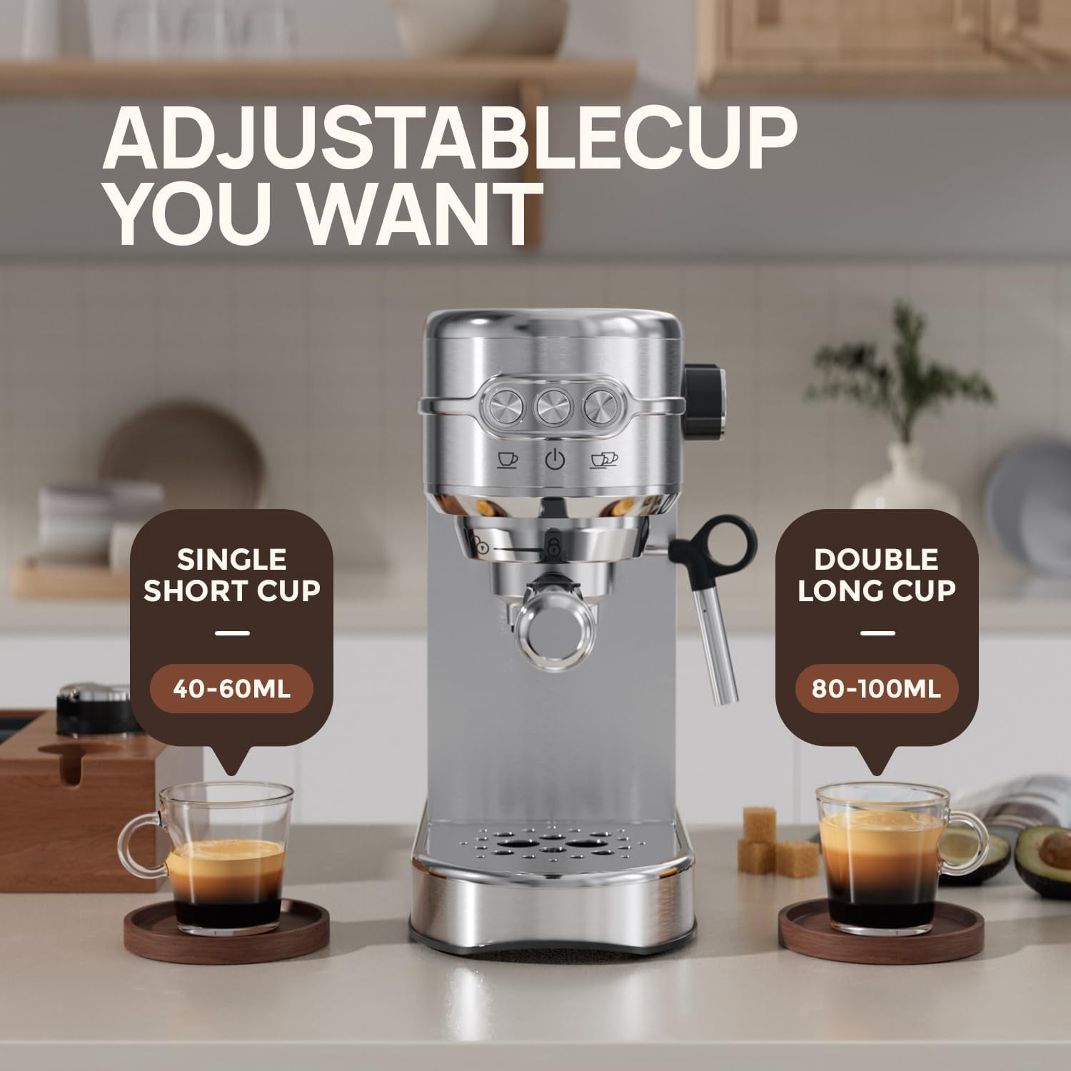 , Compact Espresso Maker, Stainless Steel Expresso Coffee Machines with Steam Milk Frother & 34oz Removable Water Tank for Home, Cappuccino Machine, Great Gift