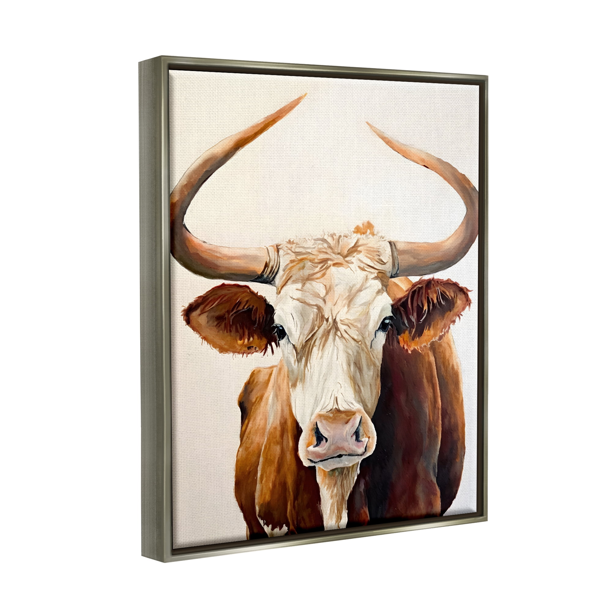 Stupell Industries Longhorn with Curved Horns Animals & Insects Painting Gray Floater Framed Canvas Art Print Wall Art, 17 x 21