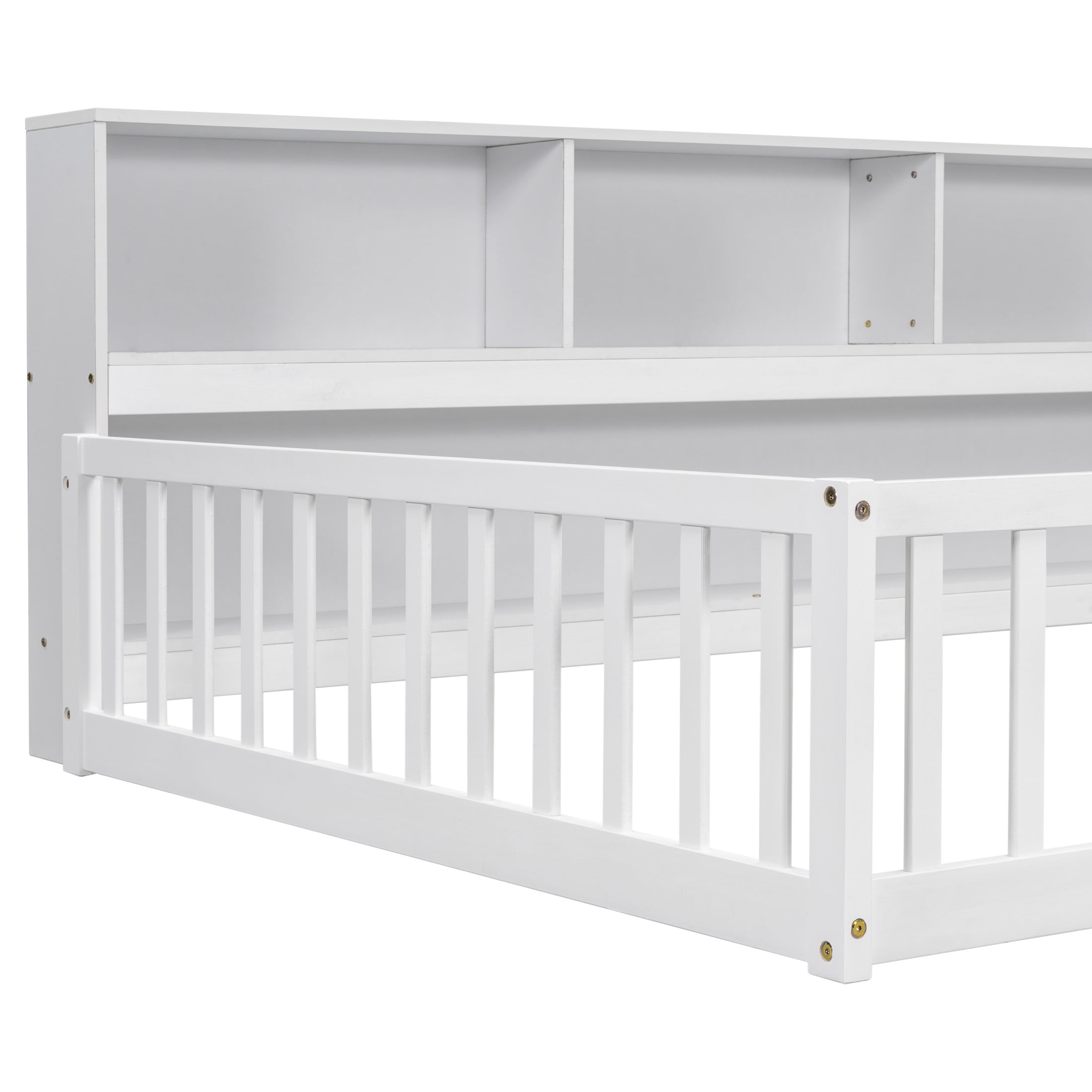 Noble House Lester Full Size Floor Bed, Pine Wood Frame with Side Bookcase, Shelves, and Guardrails for Kids, White