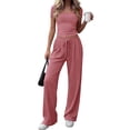 thumbnail image 3 of 2 Piece Sets for Women Summer 2026 Spring Solid Lounge Set Matching V Neck Tops - Wide Leg Pants Airport Travel Outfits Spring & Autumn Pink M, 3 of 6