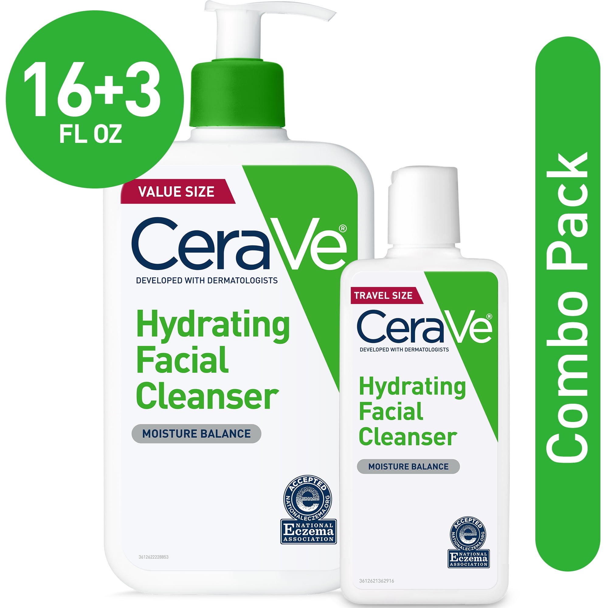 CeraVe Hydrating Face Wash, Facial Cleanser for Normal to Dry Skin, Value Pack, 16 oz Pump & 3 oz Travel Size