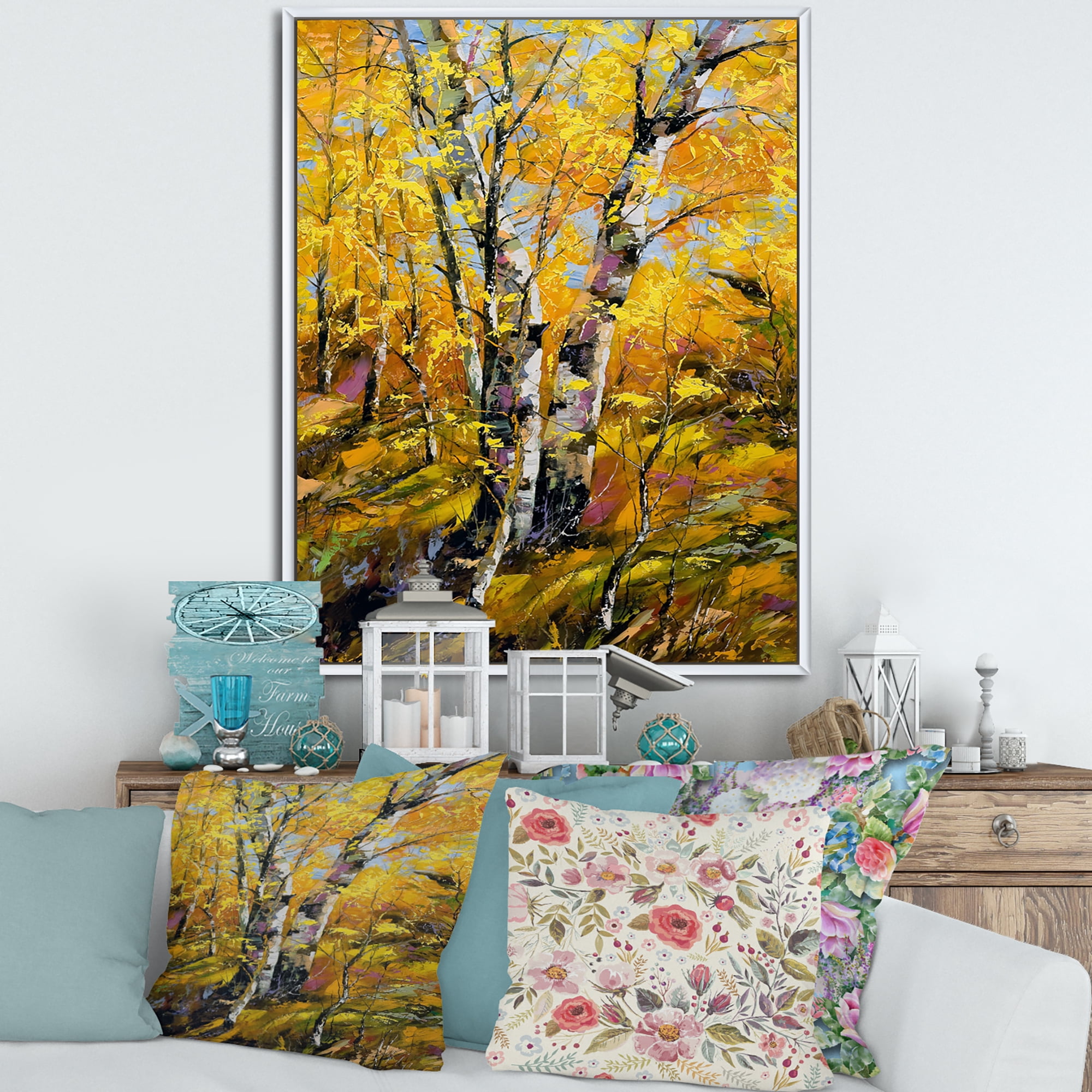 Birches In Yellow Autumn Wood Forest 24 in x 32 in Framed Painting Canvas Art Print, by Designart