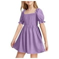 thumbnail image 2 of Kovlvoll Girls Summer Ruffle Short Sleeve Dresses Child Girl Pleated Solid Color Loose Casual Dresses 2-13 Years, 2 of 6