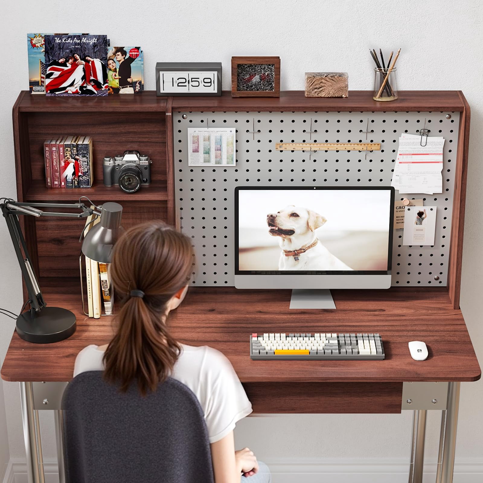 JOMEED 47 Inch Computer Desk with Pegboard, Gaming Desk with 2 Drawers, Walnut Home Office Desk with Hutch, Metal Legs