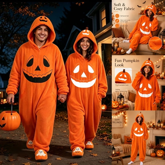 Adult Unisex Flannel Halloween Pumpkin Face Jumpsuit Zip Up Hooded Oversized One Piece Outfit for Couple Holiday Cosplay Beige 3XL