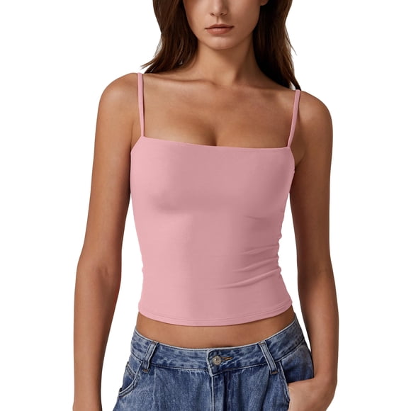 Camiseta sin mangas QINSEN para mujer con cuello cuadrado y tirantes finos, color rosa L