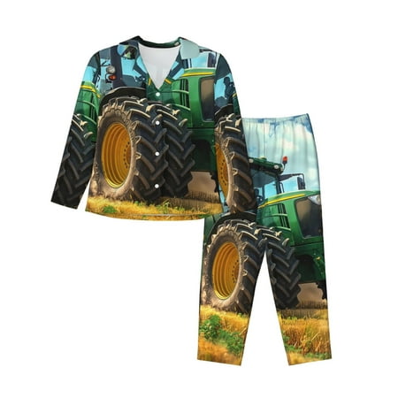 Qokaie Green Tractor Field Print Womens Pajama Set  2 Piece Soft Long Sleeve Pajamas & Long Pants with Pockets  Warm Button-up Sleepwear Lounge Pjs-Medium