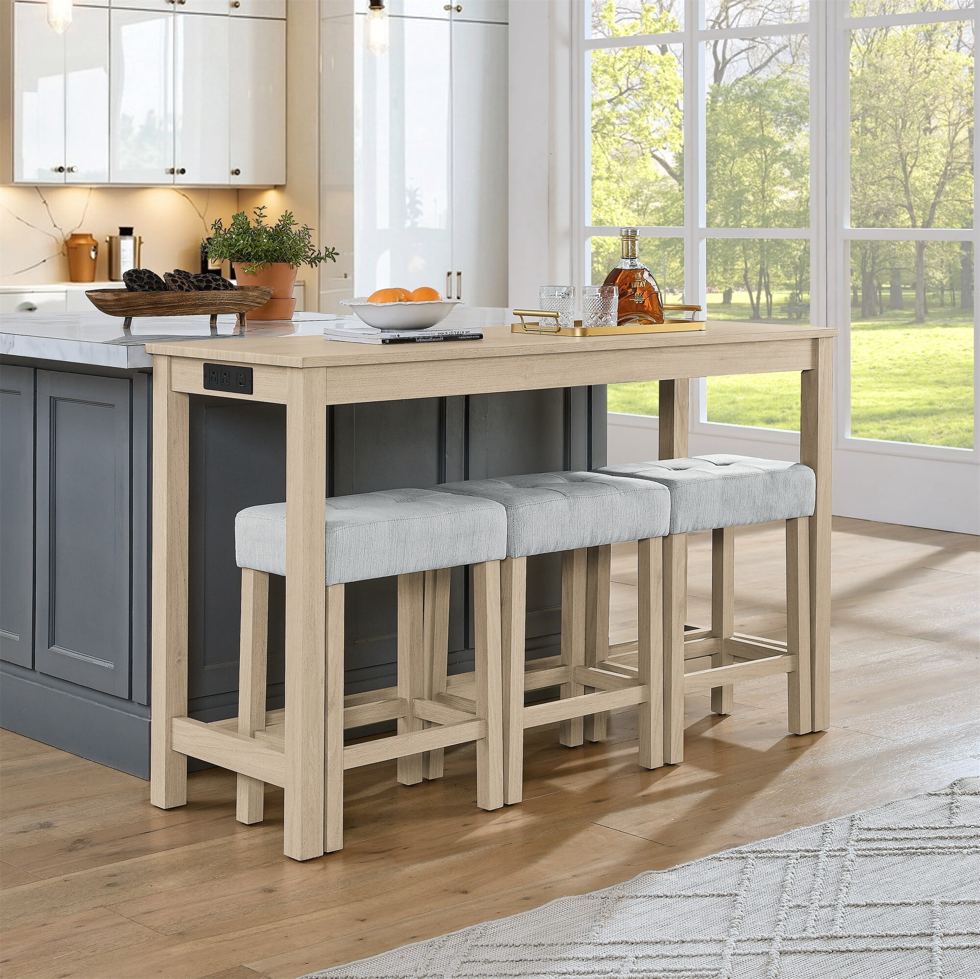 DEALTOPS 4-Piece Bar Table Set with Charging Station, 59" Counter Table with 3 Soft Stools for Small Space, Light Oak