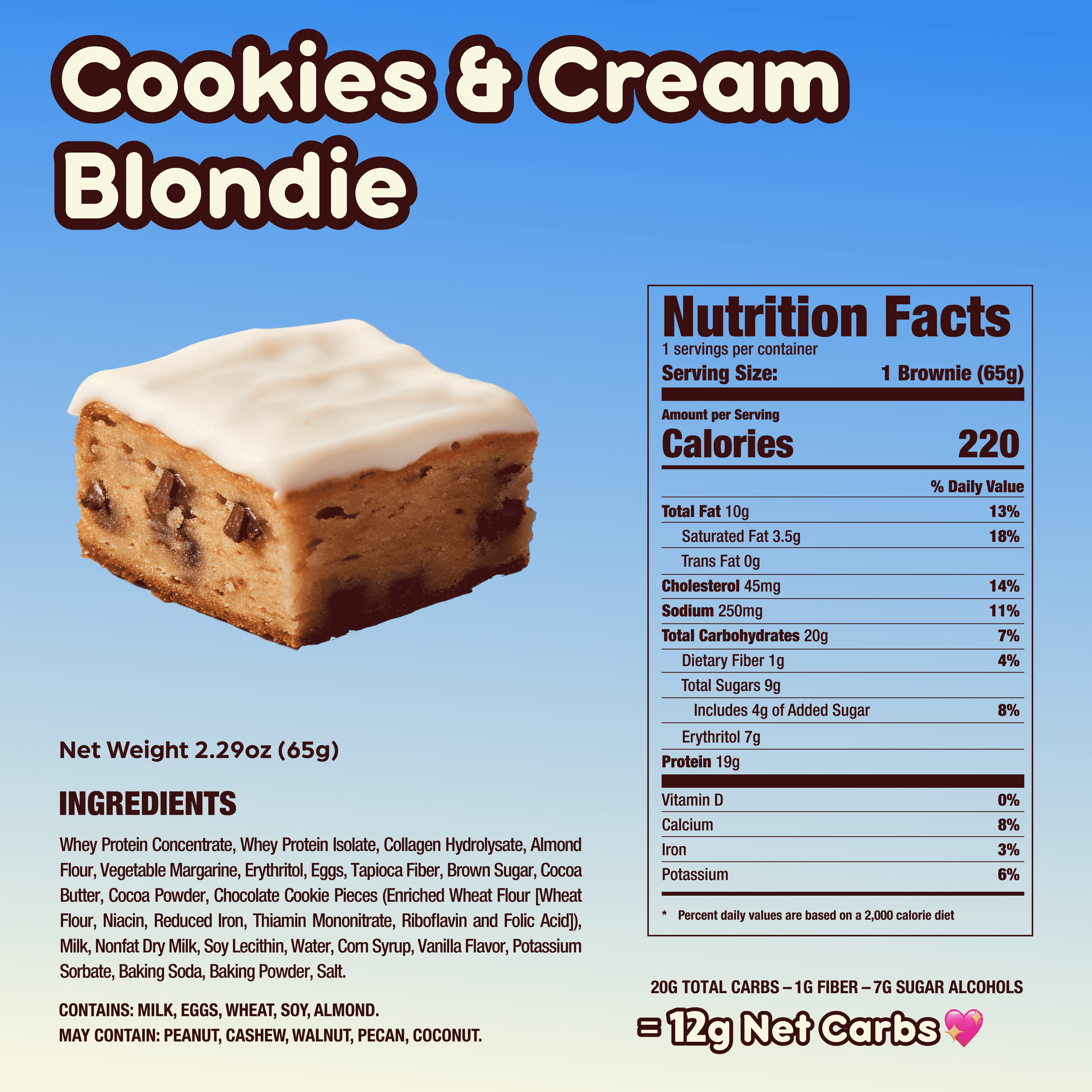 Cookies & Cream Blondie, 12 Count Prime Bites Protein Brownie with 19g Protein and 5g Collagen