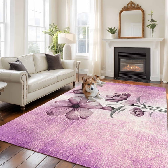 Pink Floral Area Rug 5x8 FT, Non Slip Bedroom Throw Carpet, Vintage Botanical Gradient Pastel Painting Washable Soft Floor Carpet Non-Shedding Rug for Living Room Nursery Dorm Office