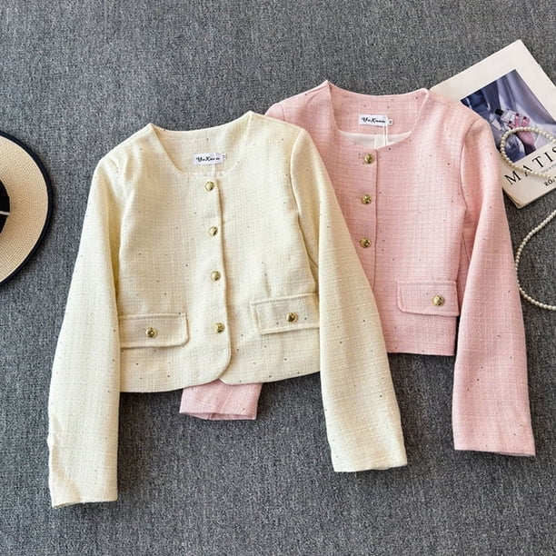 Chaqueta de Tweed gruesa de manga larga con lentejuelas, abrigo pequeño con fragancia, cuello redondo, manga larga, botonadura única, otoño