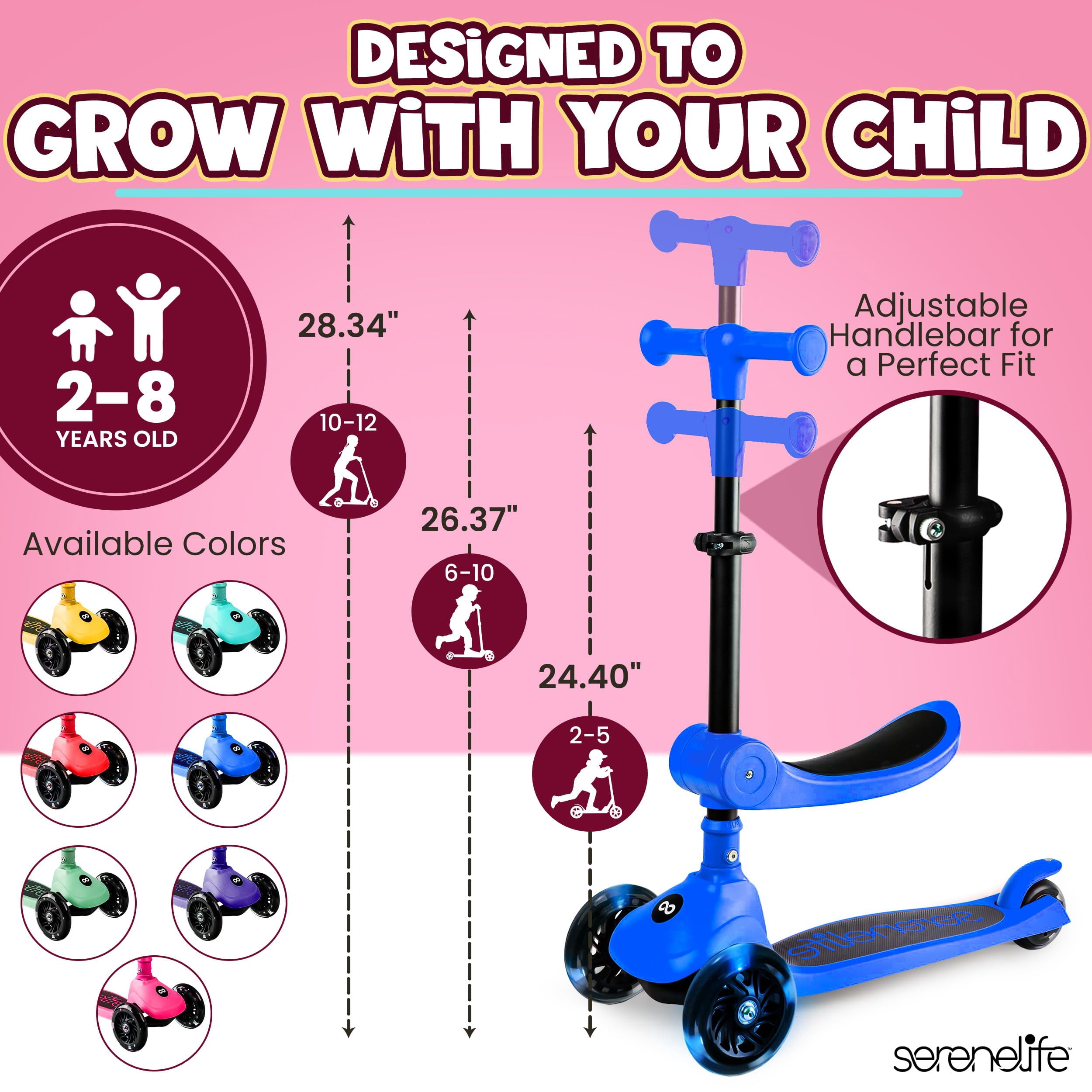 SereneLife 3-Wheel Foldable Kids Scooter – LED Wheel Lights, Adjustable Handlebar, Rear Foot Brake, Lean-to-Steer, Anti-Slip Deck – Ideal for Toddlers & Kids 2+, up to 110 lbs