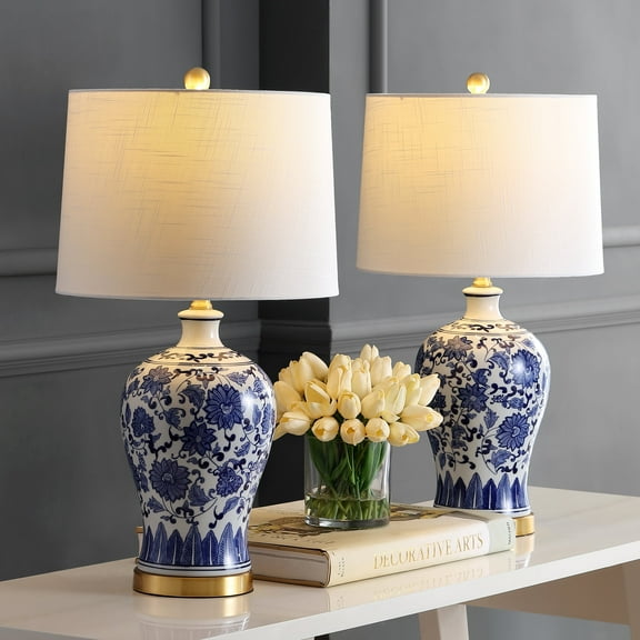 JONATHAN Y Jennifer 25.75" Ceramic/Metal LED Table Lamp, Blue/White (Set of 2), JYL1073A-SET2