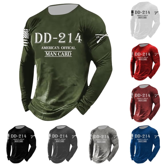 TrendOFT Mens Graphic Tees DD-214 Veteran Graphic Printed Long Sleeve Crew Neck Casual Patriotic Loose Tops Men's T-Shirts Brick Red L