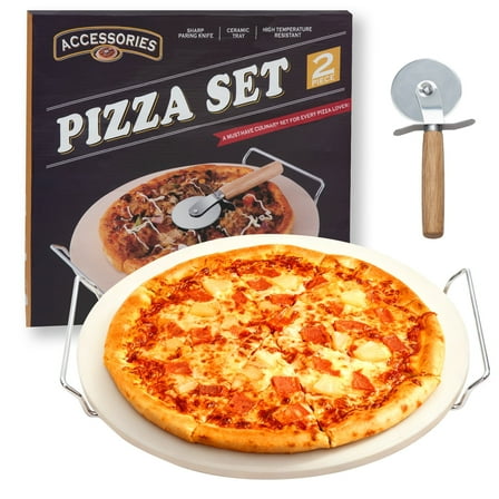 Oxdigi 13" Round Pizza Stone, Baking Stone Set with Stainless Steel Rack & Scraper Tool Rolling Pizza Cutter