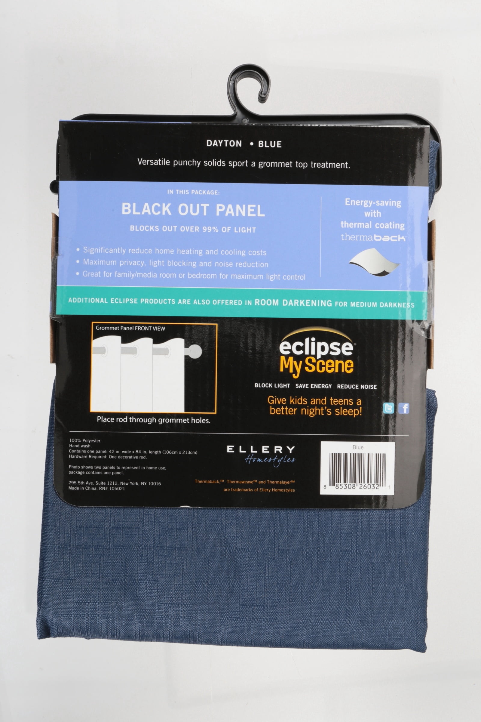 Eclipse Dayton Solid Blue Blackout Grommet Single Curtain Panel, 42" x 84"