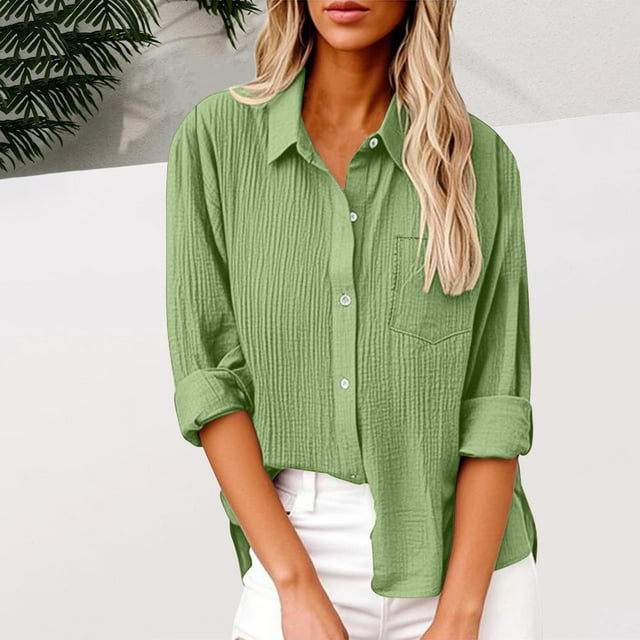 Soki Womens Button Down Textured Shirts Long Sleeve Solid Trendy Collared Blouses Tops with Pockets