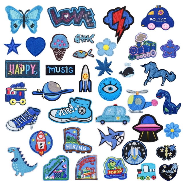 Parche termoadhesivo bordado, 39 piezas, parche azul mixto, apliques adhesivos, parches para coser, transferencias, parche termoadhesivo o parche para coser para ropa, camiseta, chaqueta vaquera