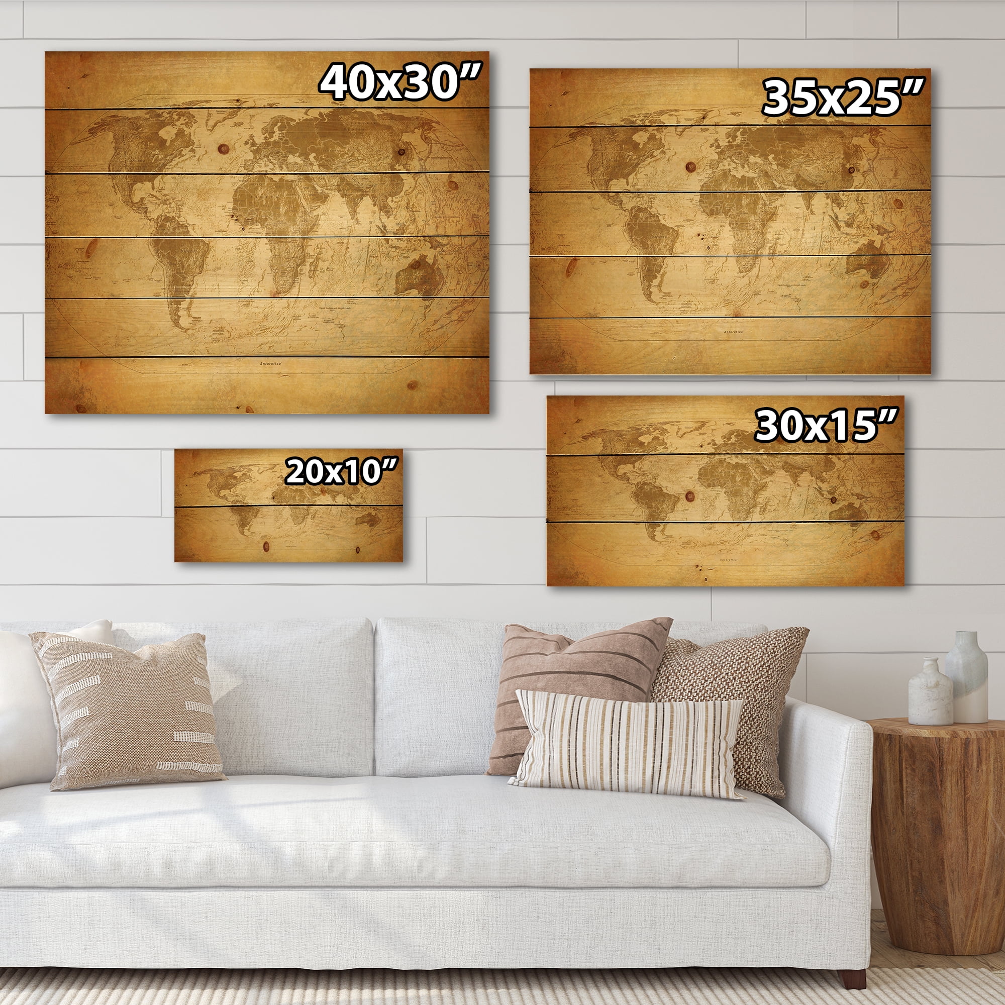 Designart 'Ancient World Map X' Vintage Print on Natural Pine Wood