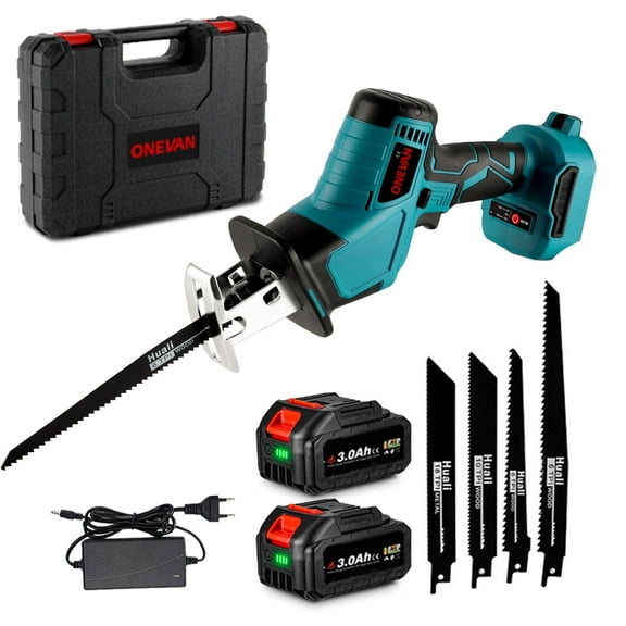 ONEVAN Cordless Reciprocating Saw, 0-3100 SPM, with 2 x 3.0Ah Battery, Brushless Recip Sabre Saw, One-handed Reciprocating Saws with 4 Saw Blades for Wood/Metal/PVC