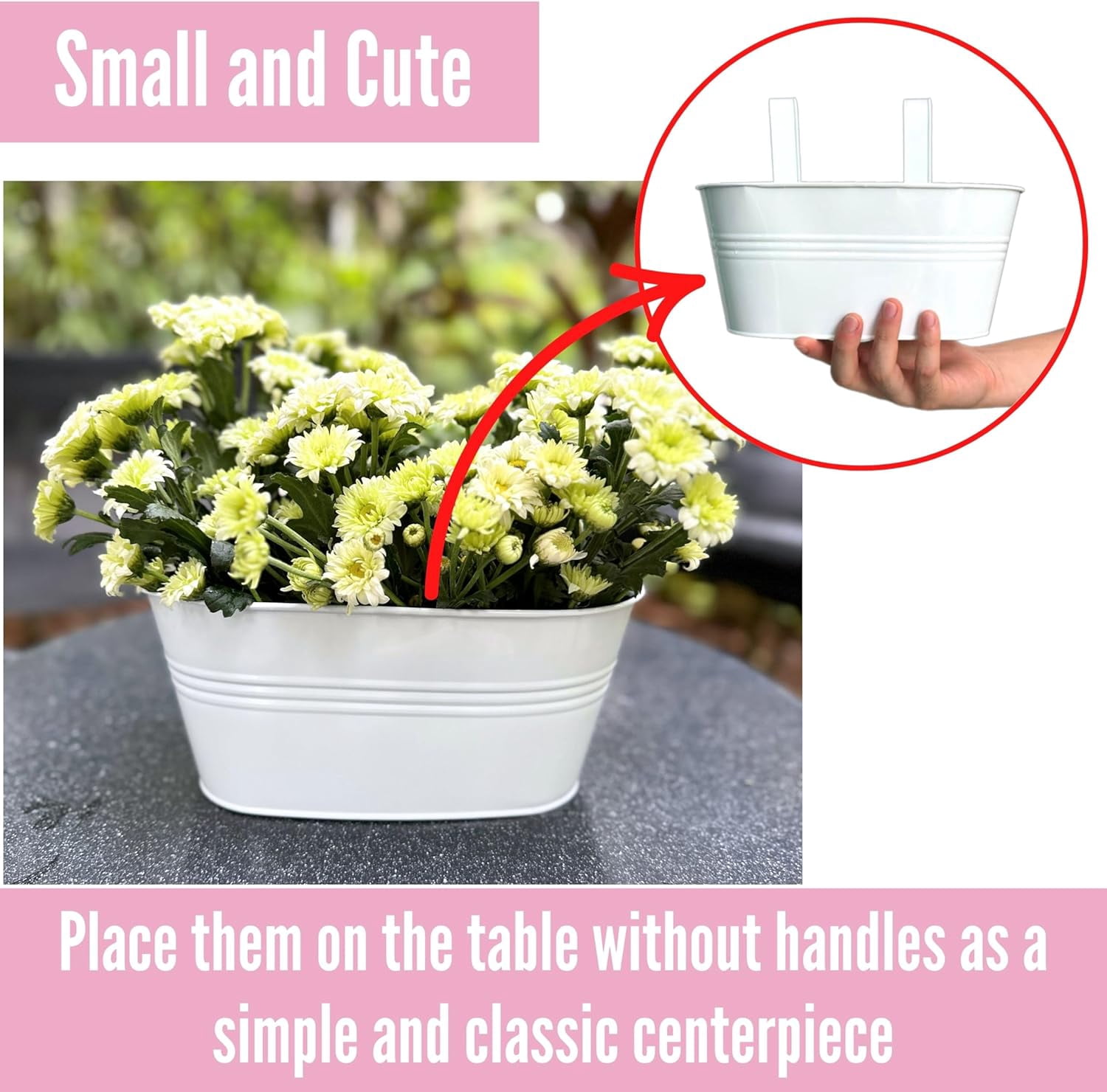 LaLaGreen Rail Planter for Outdoor (4 Pack, 9.8 Inch) Small and Cute Metal Iron Hanging Flower Pots Deck Railings Fence Buckets Boho Style White Wall Mount Window Box Plant Holder Hooks Porch Decor
