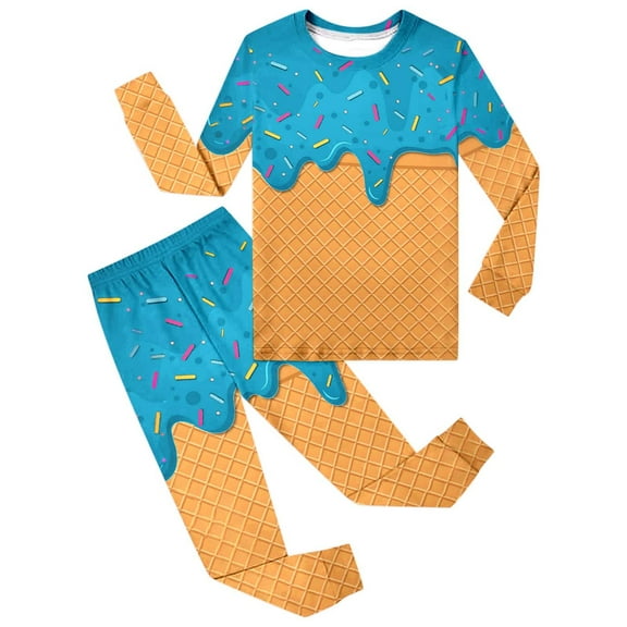 DHFJKG Pyjama Boys Girls Outfits Set Soft Long Sleeve Round Neck Pajama Set With Ice Cream Print Comfortable Sleepwear For Toddler And Kids Breathable Loungewear
