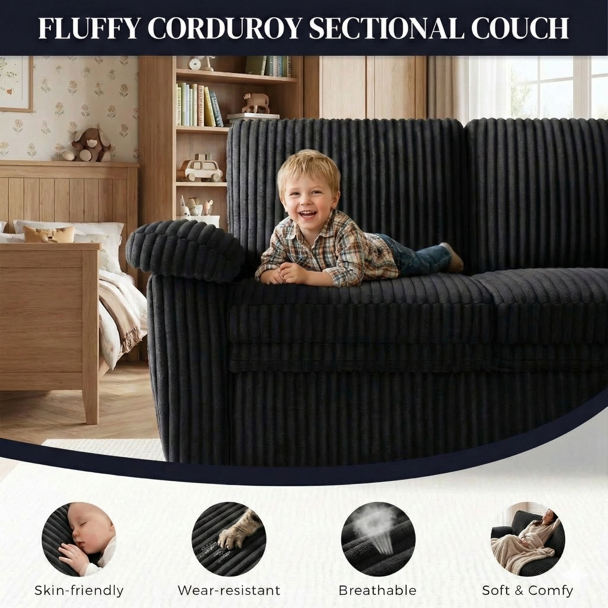 Howcool Modular Sectional Sleeper Sofa with Pull-Out Bed, U-Shaped Convertible 7-Seat Cloud Couch with Storage Chaise & USB Charging, Plush Corduroy Sectional for Living Room,Black