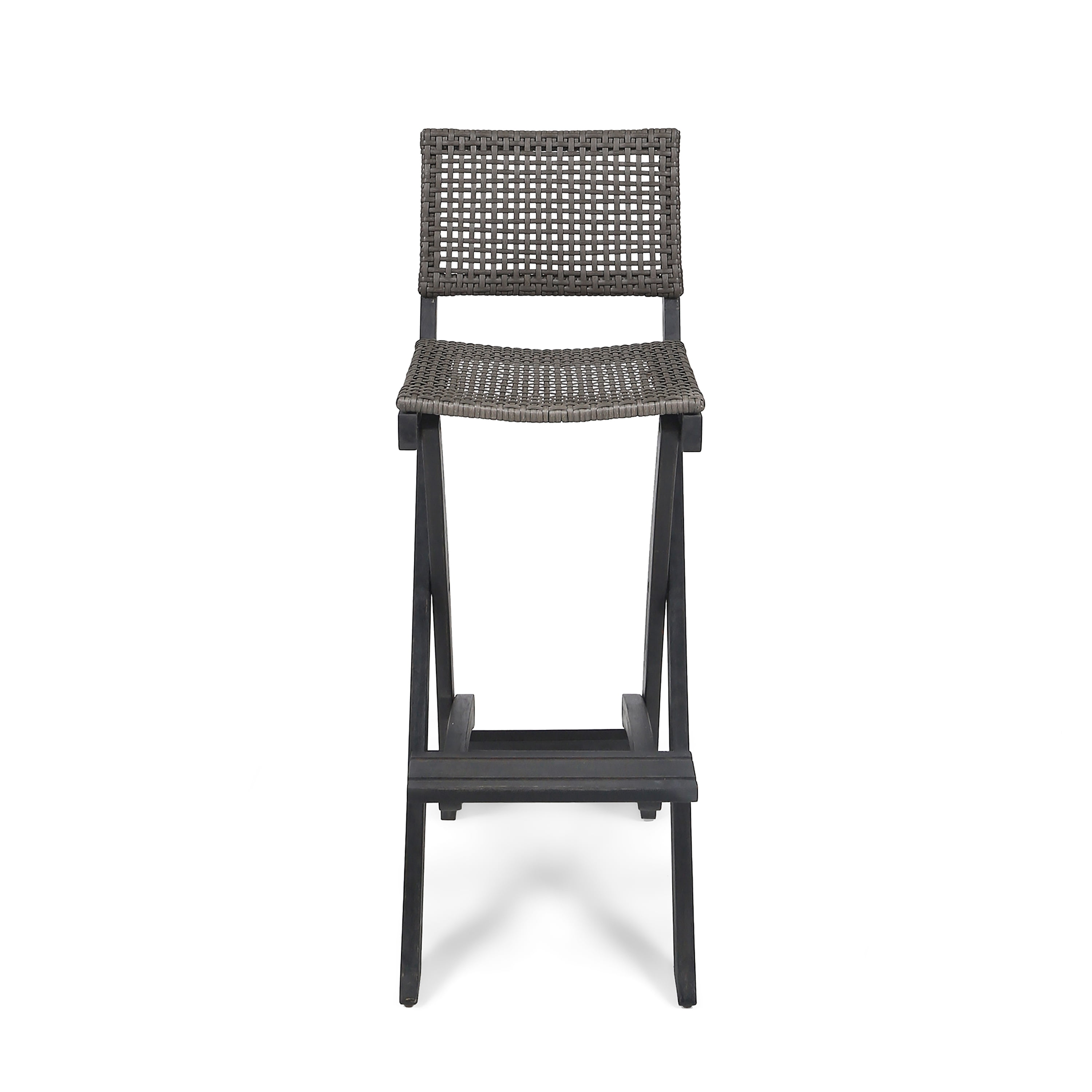 Outdoor Folding Bar Stool Set of 2 41.75 Inch, Acacia Wood Frame with PE Rattan Backrest, Dark Gray