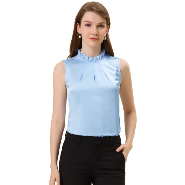 Top Allegra K Satén sin mangas verano volantes cuello parte delantera plisada Mujer Cielo azul S