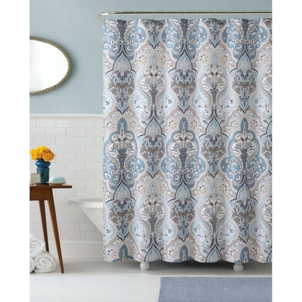 70 by 72 Aqua Blue Fabric Shower Curtain Primitive Striped Floral Design 